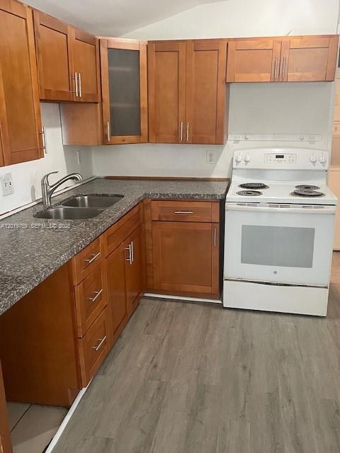 A kitchen features wood cabinets, granite countertops, and a white freestanding electric range — 245 NW 6TH AVE, Dania Beach FL 33004, DANIA BEACH, FL