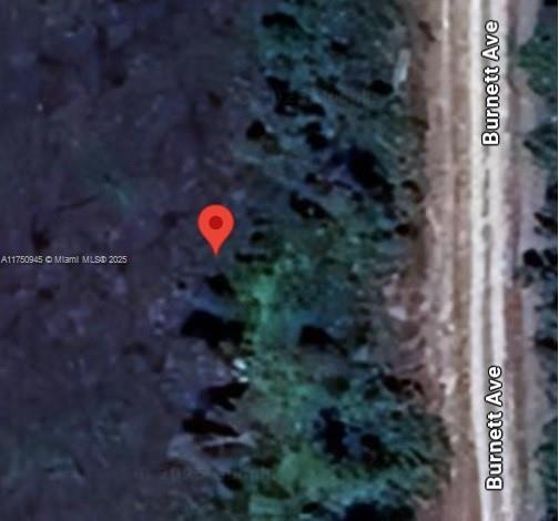 This is a satellite map view showing a red location pin on a wooded lot — 852 BURNETT AVE, Lehigh Acres FL 33974, LEHIGH ACRES, FL