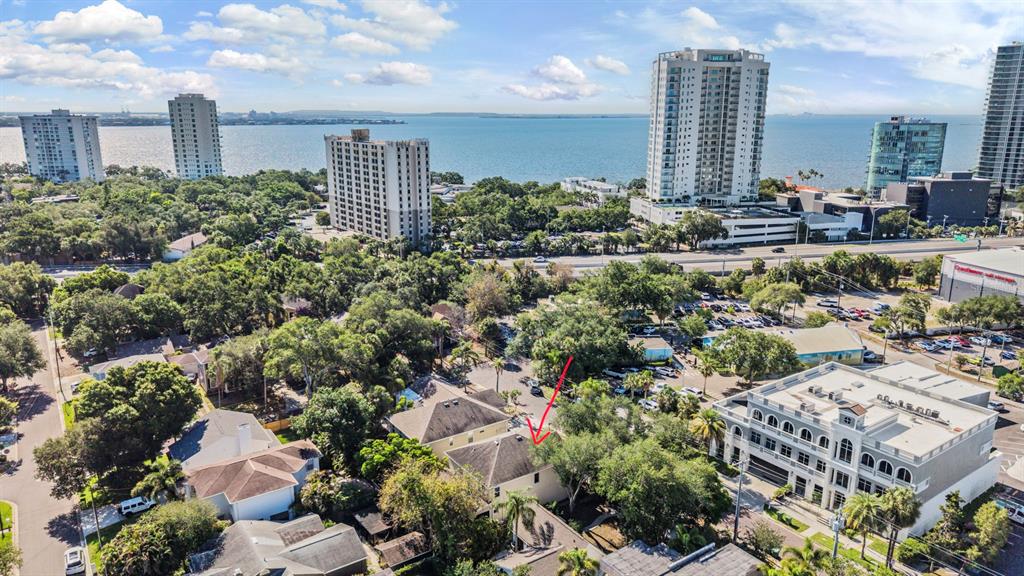 An aerial view shows a residential neighborhood with a red arrow pointing to a house — 3007 W PALMIRA AVENUE, TAMPA, FL