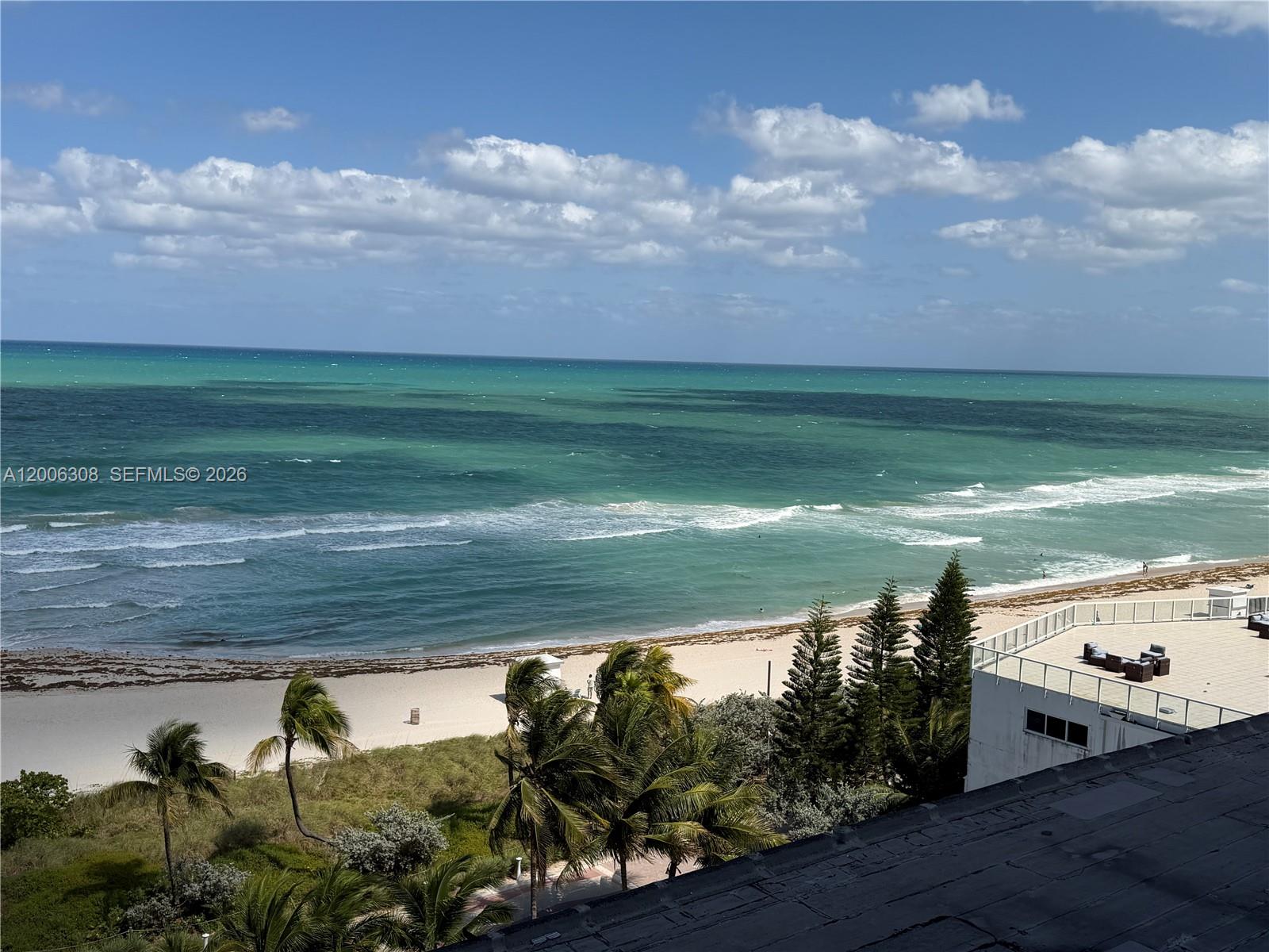 An elevated view of a sandy beach, ocean waves, palm trees, and a building rooftop — MIAMI BEACH, FL