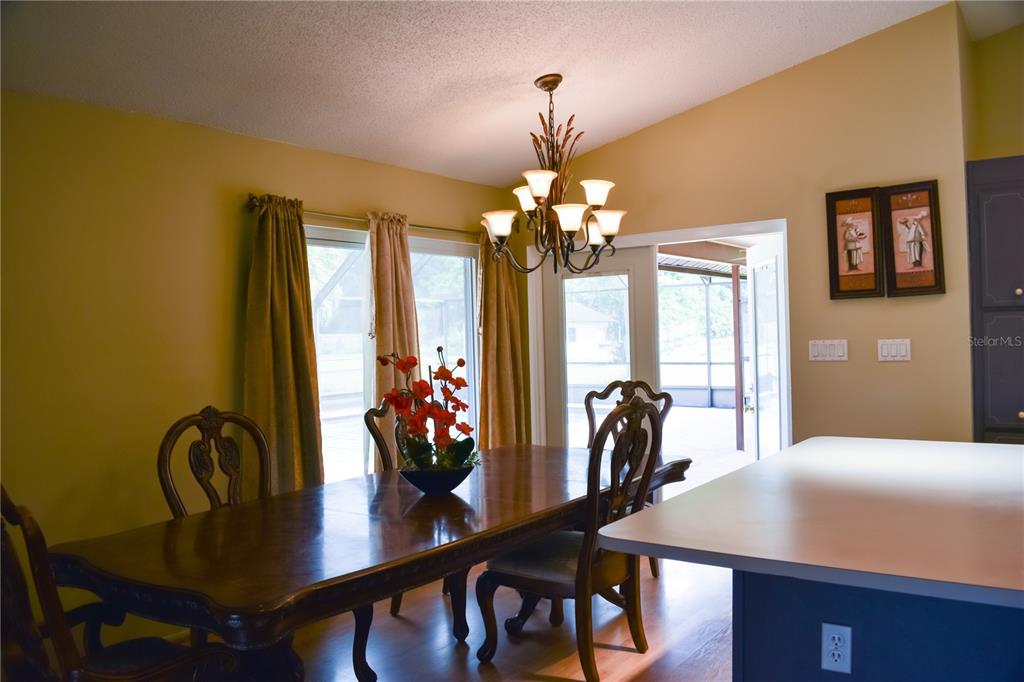 A dining room features a wooden table, ornate chairs, a chandelier, and sliding glass doors — 6336 WOODEN STREET, NEW PORT RICHEY, FL