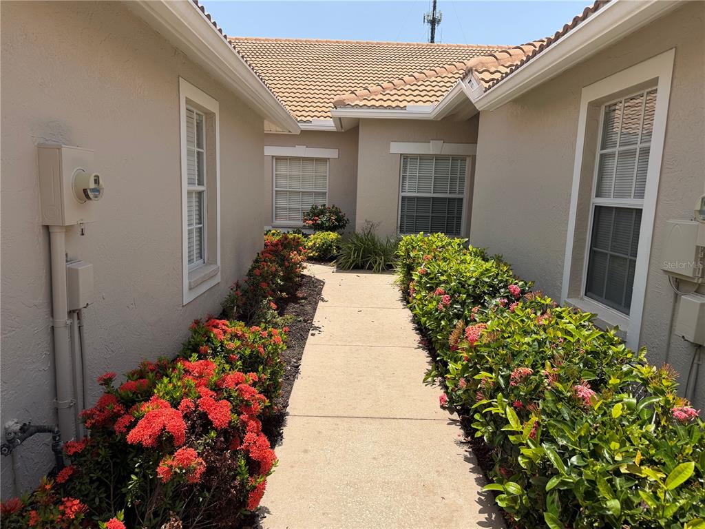 A concrete walkway leads to a house entrance flanked by blooming red ixora shrubs — 1943 SAN SILVESTRO DRIVE, VENICE, FL
