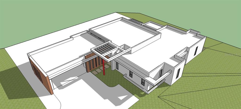 This is a 3D architectural rendering of a modern flat-roofed house with a carport — CALLE CARRAIZO, CAGUAS, PR