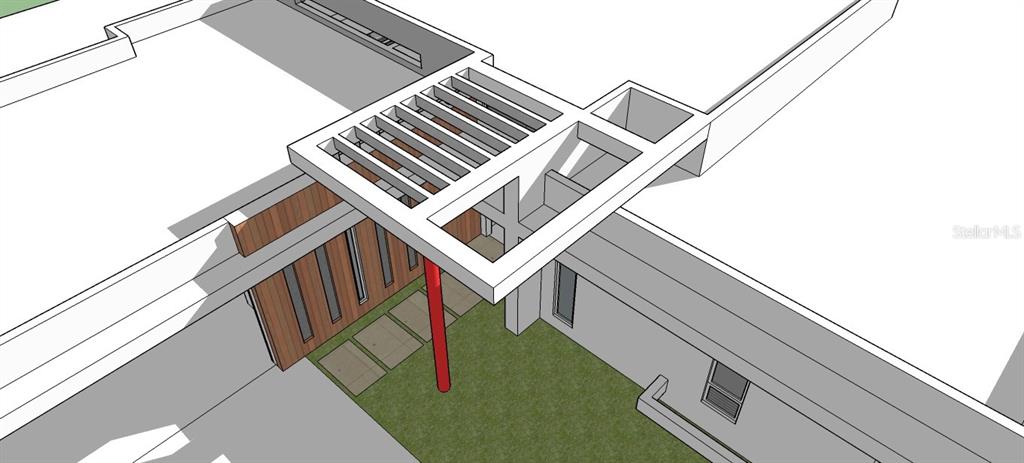 This is a 3D architectural rendering of a modern home exterior featuring a slatted pergola — CALLE CARRAIZO, CAGUAS, PR