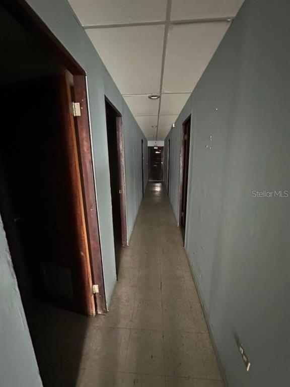 A narrow hallway with gray walls, a drop ceiling, and multiple dark wood doors — Pavia Medical Plaza AMÉRICO SALAS, SAN JUAN, PR