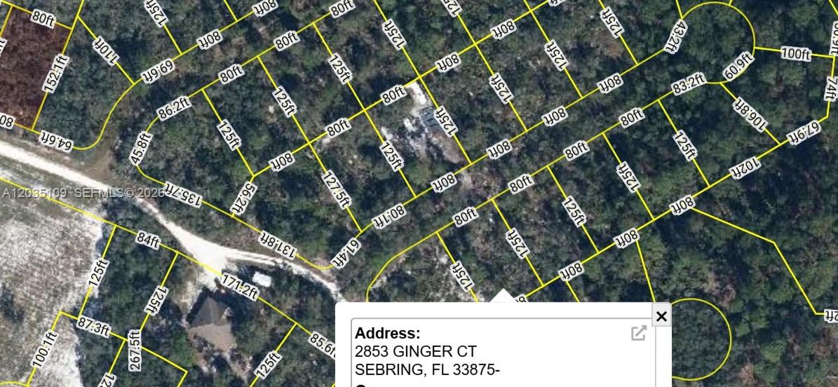 This is a satellite map showing property lot lines and dimensions for a residential area — 2853 Ginger Ct, Sebring FL 33875, SEBRING, FL