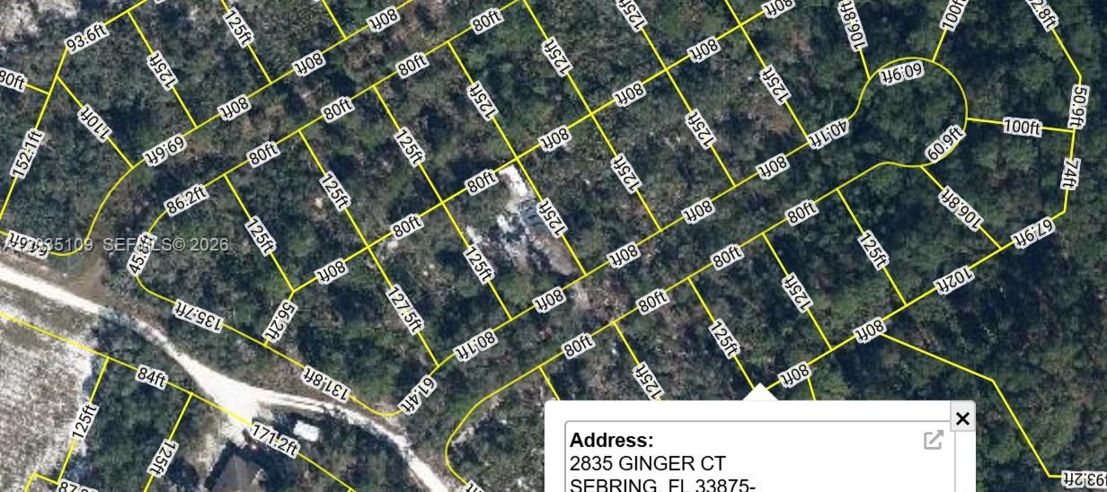 This is a satellite map showing property lot lines and dimensions for a residential area — 2853 Ginger Ct, Sebring FL 33875, SEBRING, FL