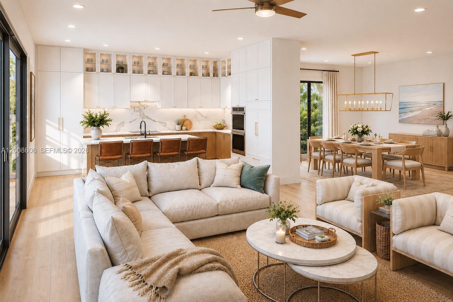 This rendering shows an open-concept living room, dining area, and kitchen with light wood floors — 5991 SW 35 St, Miami FL 33155, MIAMI, FL
