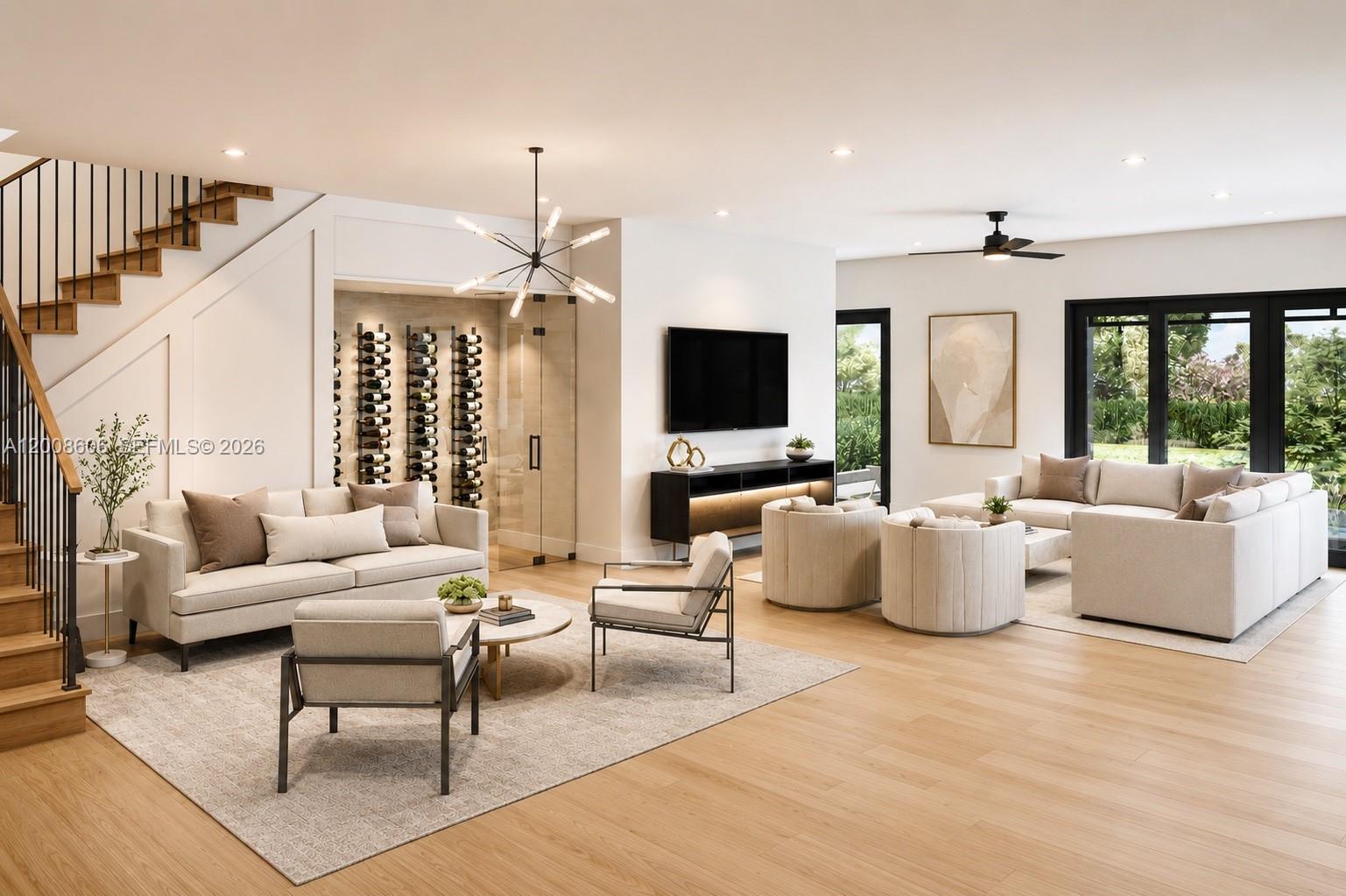 This rendering shows a modern open-concept living room with a glass-enclosed wine cellar — 5991 SW 35 St, Miami FL 33155, MIAMI, FL