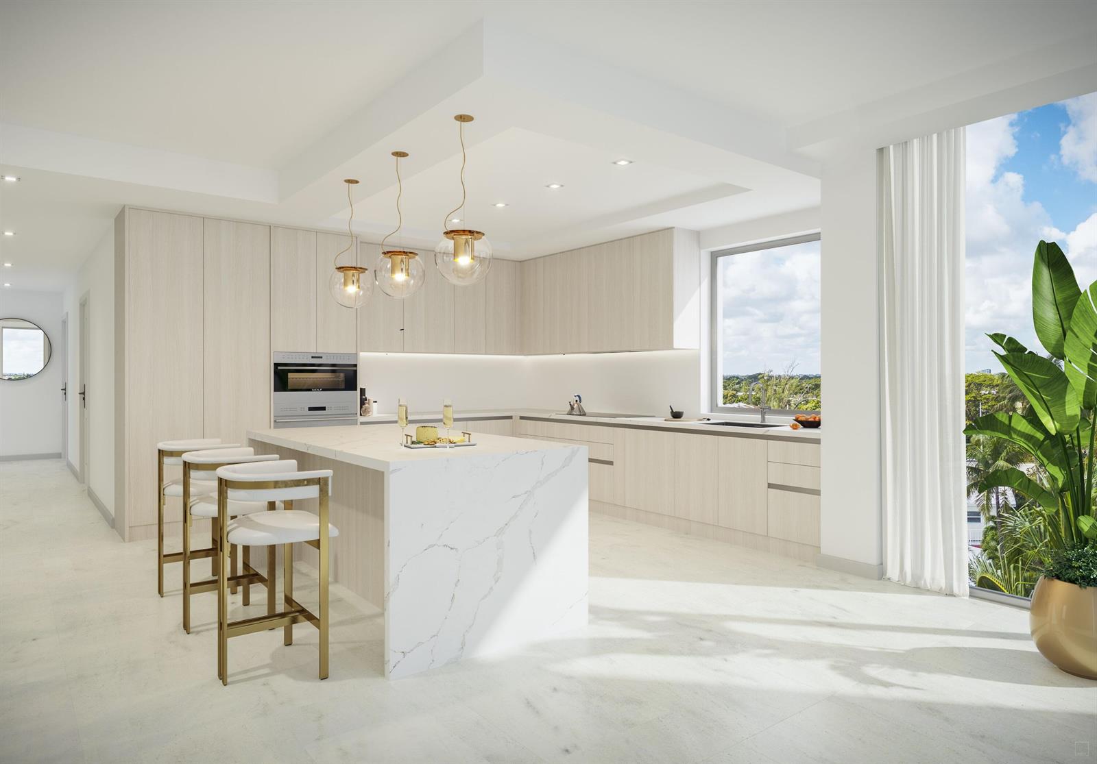 This rendering shows a modern kitchen with light wood cabinetry, a marble island, and gold accents — 305 Briny Avenue # 806, Pompano Beach FL 33062, POMPANO BEACH, FL
