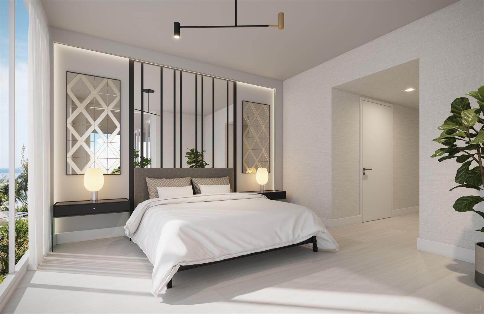This rendering shows a modern bedroom with a decorative headboard, floating nightstands, and ocean views — 305 Briny Avenue # 806, Pompano Beach FL 33062, POMPANO BEACH, FL