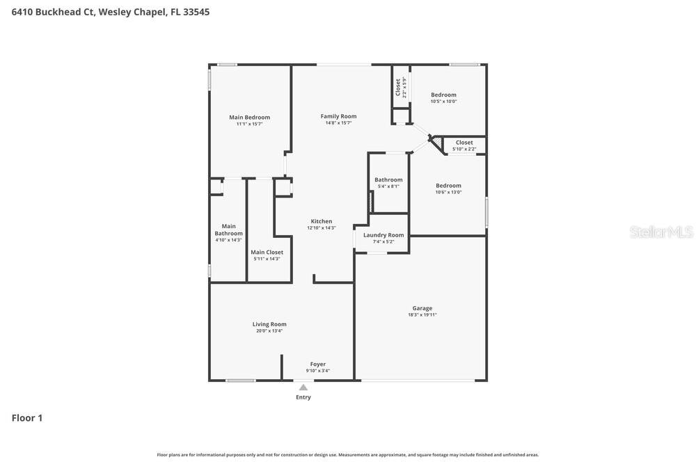 This is a floor plan of a single-story house with a garage and three bedrooms — 6410 BUCKHEAD COURT, WESLEY CHAPEL, FL