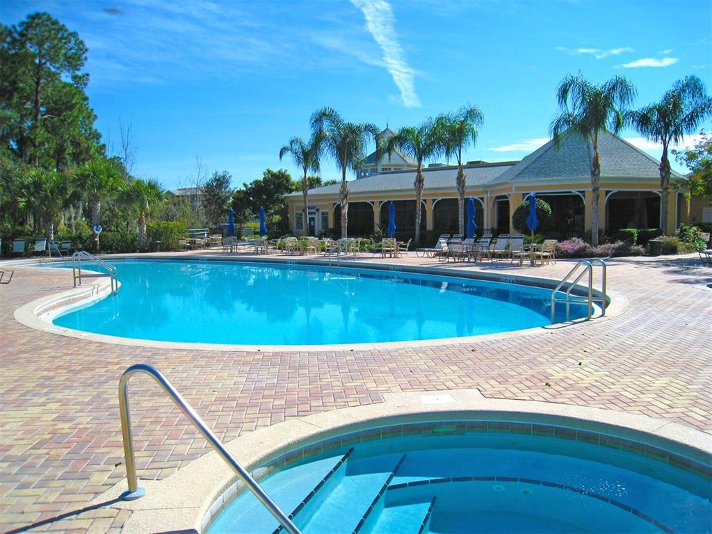 A swimming pool and hot tub are surrounded by a brick patio and palm trees — 802 GRAN BAHAMA BOULEVARD UNIT 802, DAVENPORT, FL