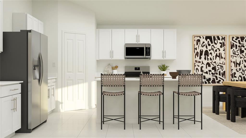 This rendering shows a modern kitchen with white cabinets, stainless steel appliances, and bar seating — 14435 STRESA AVENUE, DADE CITY, FL