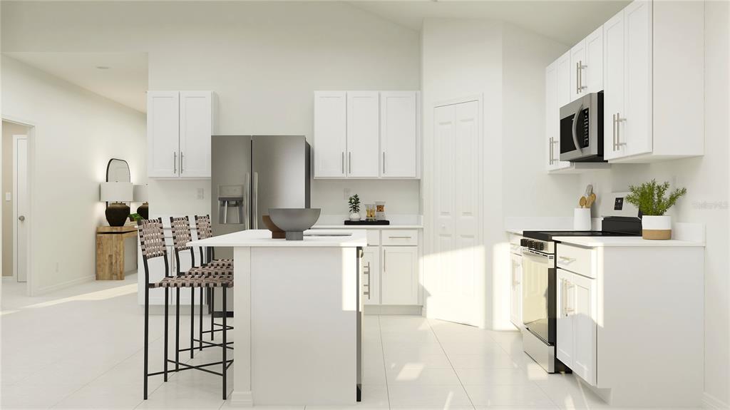 This is a digital rendering of a modern kitchen with white cabinets and stainless steel appliances — 14435 STRESA AVENUE, DADE CITY, FL