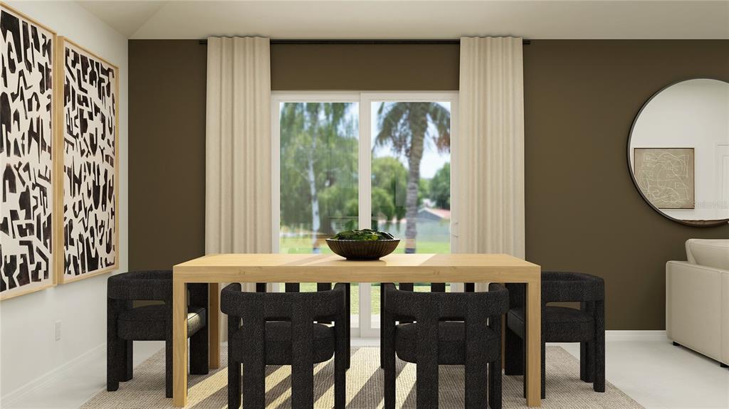 This digital rendering shows a dining room with a light wood table and dark chairs — 14435 STRESA AVENUE, DADE CITY, FL