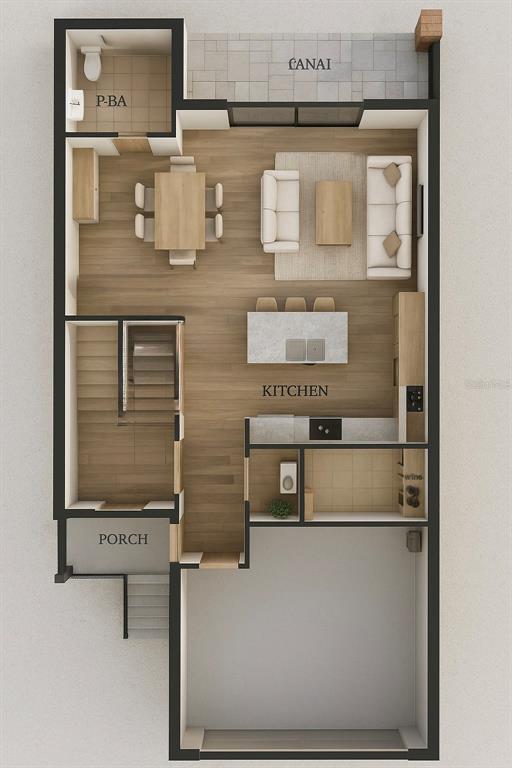 This is a 3D floor plan rendering of a home's main level with an attached garage — 554 ESTUARY SHORE LANE, APOLLO BEACH, FL