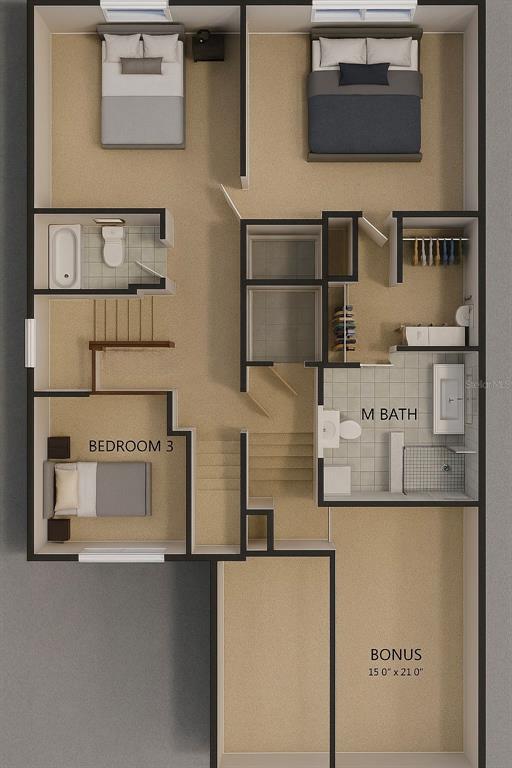 This is a 3D floor plan rendering of a residential upper level with three bedrooms — 554 ESTUARY SHORE LANE, APOLLO BEACH, FL