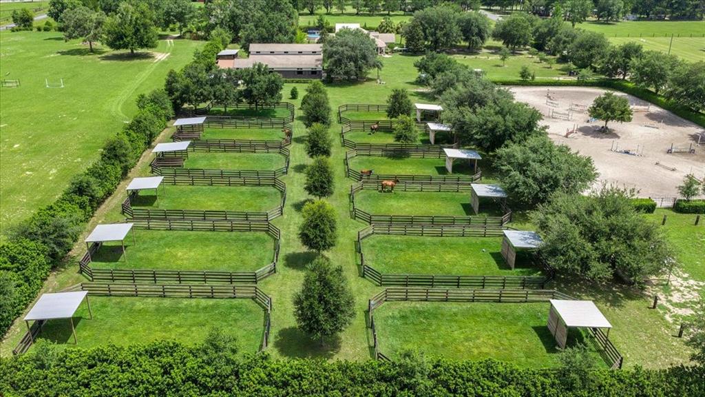 An aerial view shows a horse farm with multiple fenced paddocks and a riding arena — 6290 SE 178TH COURT, MORRISTON, FL