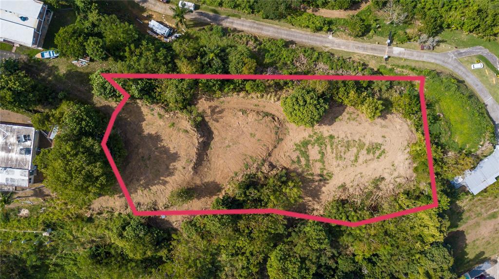 An aerial view shows a cleared, irregularly shaped plot of land outlined in pink — Solar B BARRIO JAGÜEY, AGUADA, PR