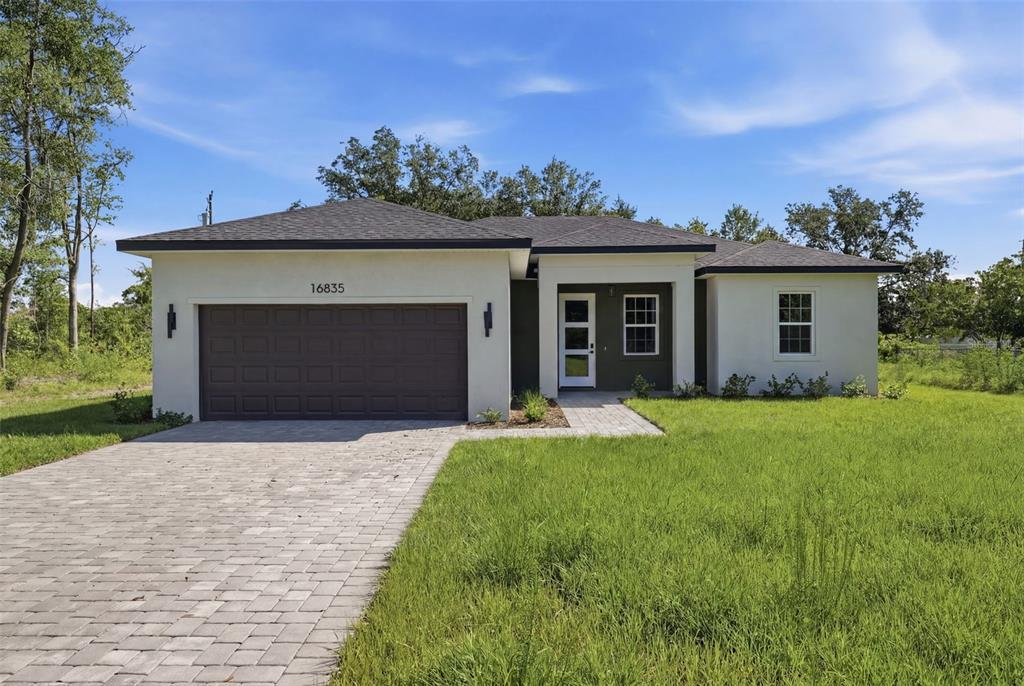A single-story house with a white stucco exterior, dark roof, and a paved driveway — 16835 SW 17TH TERRACE, OCALA, FL