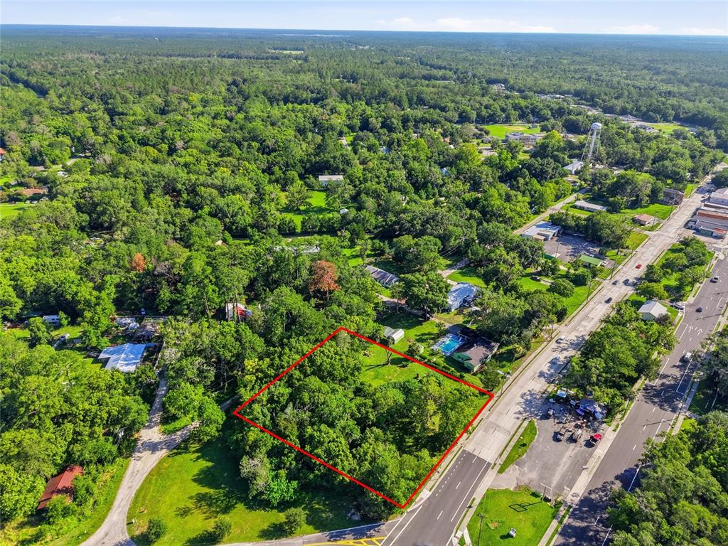 An aerial view shows a wooded, rectangular lot outlined in red next to a road — 00 SW 4TH BOULEVARD, WALDO, FL