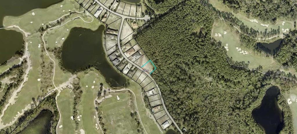 This aerial map shows a vacant residential lot highlighted within a golf course community — 491 SWEETGUM LANE, PALM COAST, FL