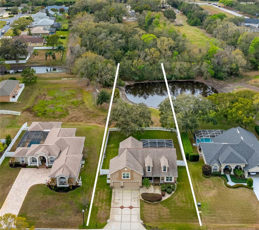 An aerial view shows a suburban house with a pool and a pond behind it — 6224 ROCKROSS AVENUE, NEW PORT RICHEY, FL