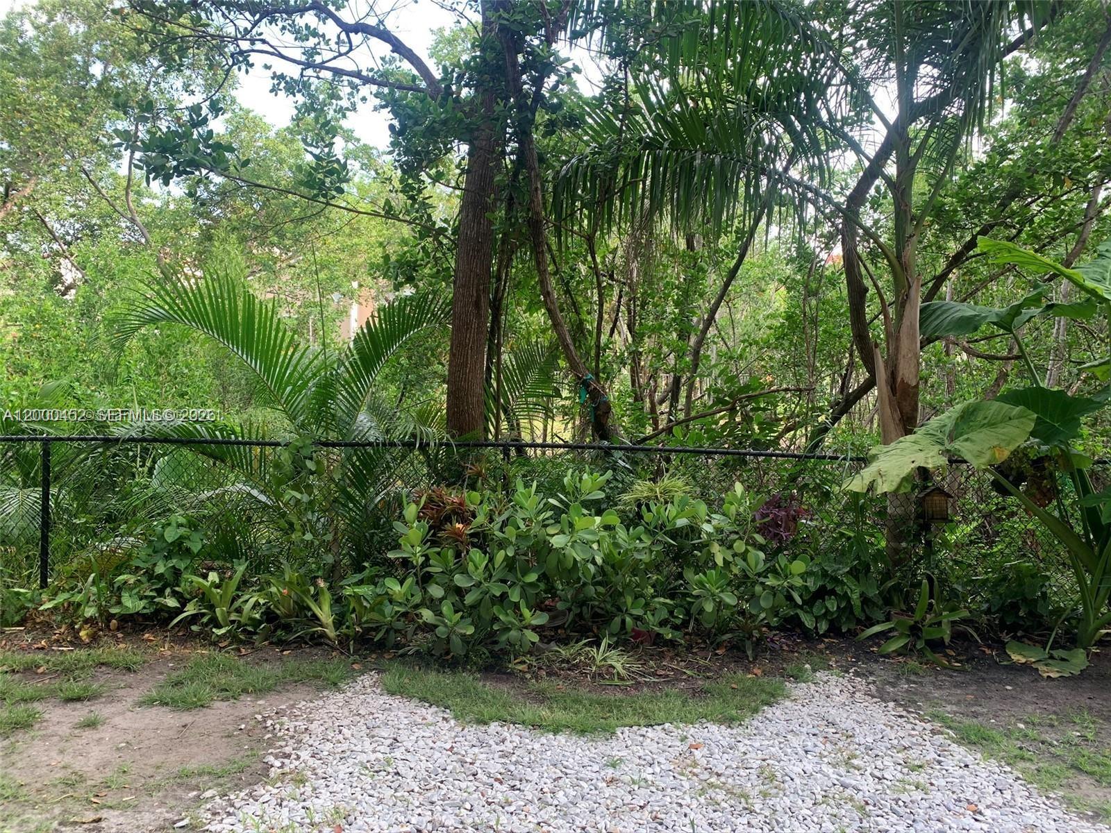A chain-link fence separates a gravel area from a dense, wooded backyard — 529 E Sheridan St # 1021, Dania Beach FL 33004, DANIA BEACH, FL