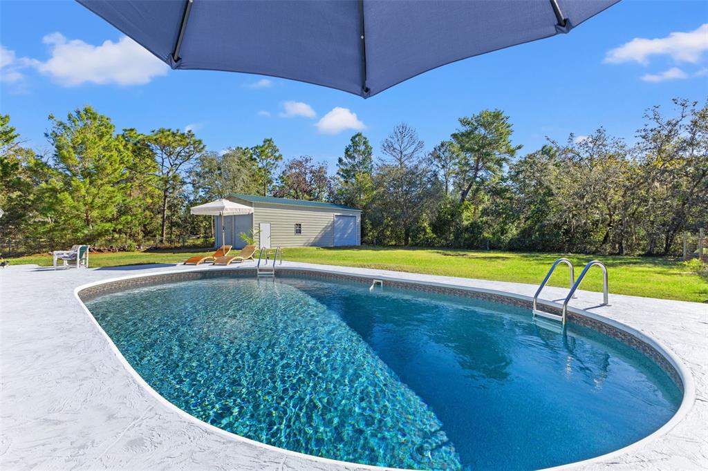 An outdoor swimming pool with a concrete deck sits in a grassy backyard with trees — 17504 THOMAS BOULEVARD, HUDSON, FL