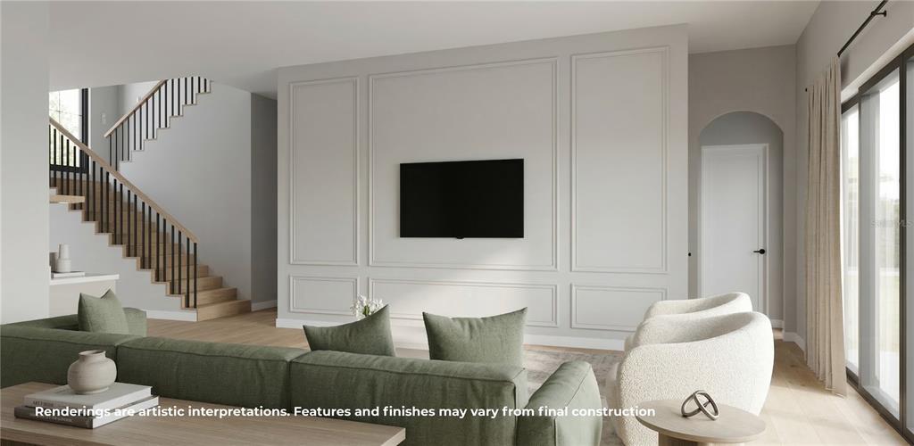 This rendering shows a modern living room with a paneled accent wall and a staircase — 808 W HARVARD STREET, ORLANDO, FL