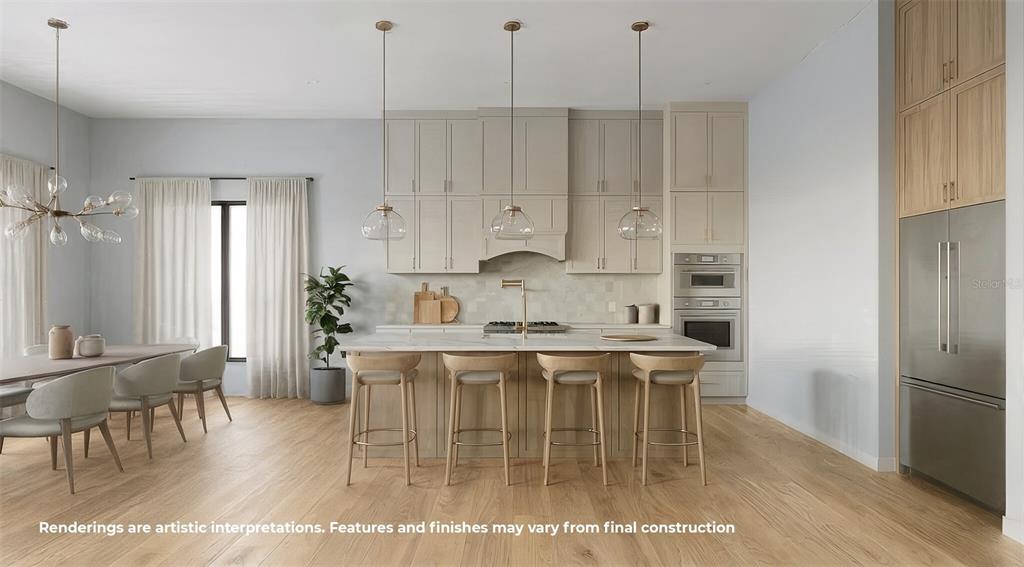 This rendering shows a modern kitchen with light wood flooring, beige cabinetry, and a central island — 808 W HARVARD STREET, ORLANDO, FL