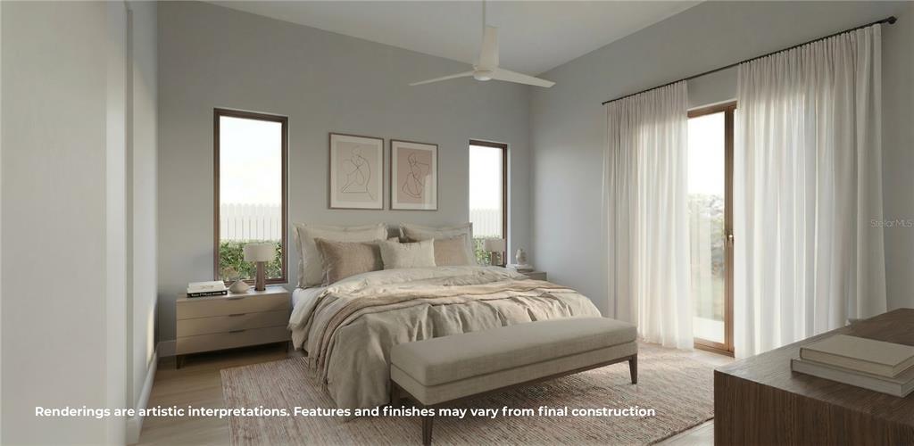 This is a rendering of a bedroom featuring a bed, bench, and floor-to-ceiling curtains — 808 W HARVARD STREET, ORLANDO, FL
