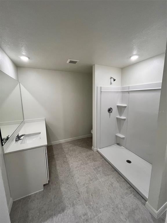 A bathroom features a white vanity with a sink, a mirror, and a walk-in shower — 4950 KENNETH STREET, HASTINGS, FL