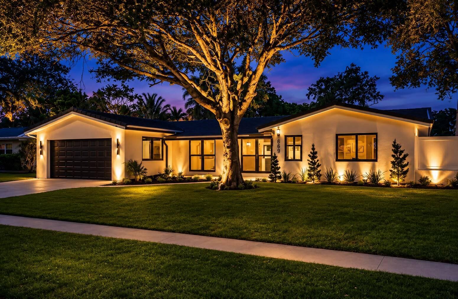 A single-story house with a dark garage door, white exterior, and illuminated landscaping at dusk — 669 SW 3rd Street, Boca Raton FL 33486, BOCA RATON, FL