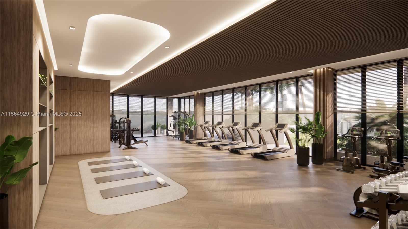 This rendering shows a modern fitness center with treadmills, yoga mats, and floor-to-ceiling windows — 1817 Taylor # 1207, Hollywood FL 33020, HOLLYWOOD, FL