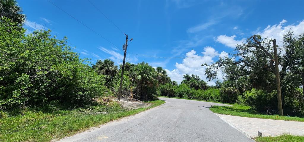 A paved road curves through a wooded area with utility poles and lush green vegetation — 108 BEBB COURT, ROTONDA WEST, FL