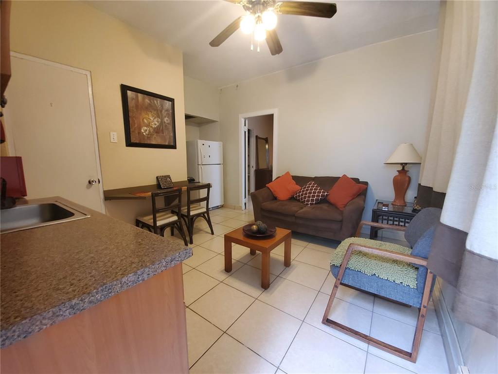 A small living area features tile floors, a brown sofa, a coffee table, and kitchenette — 7 GUERRERO NOBLE UNIT 3, SAN JUAN, PR