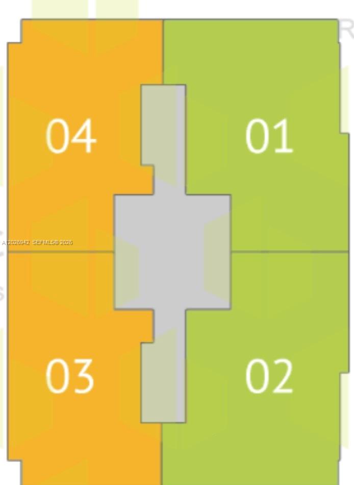 This is a floor plan showing four residential units arranged around a central core — 1451 Brickell Ave # 3804, Miami FL 33131, MIAMI, FL