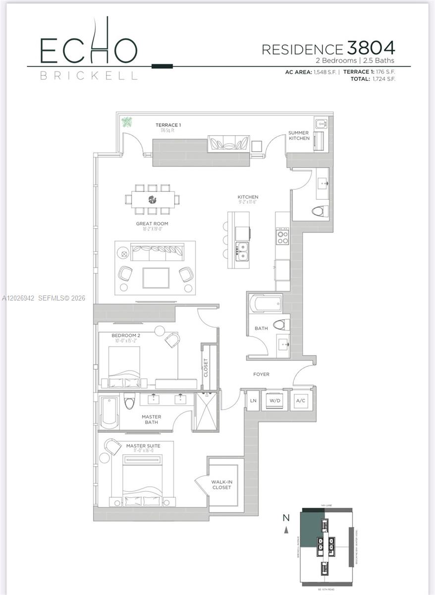 This floor plan shows a two-bedroom, 2.5-bath residence with a great room and private terrace — 1451 Brickell Ave # 3804, Miami FL 33131, MIAMI, FL