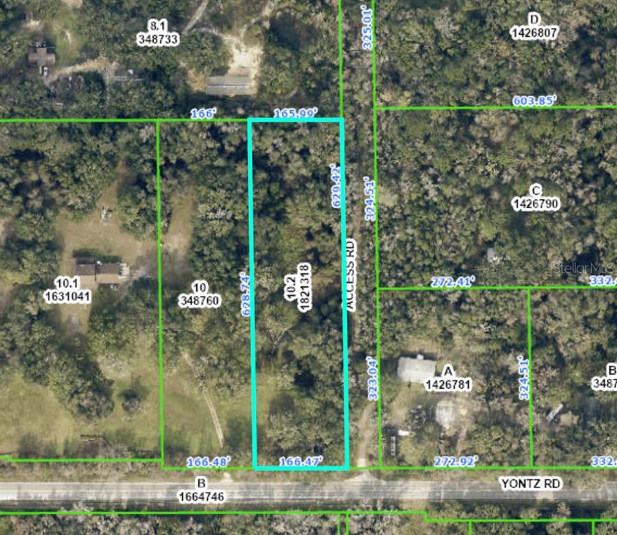 This is an aerial map showing property boundaries and dimensions for a wooded lot — 0 YONTZ ROAD, BROOKSVILLE, FL
