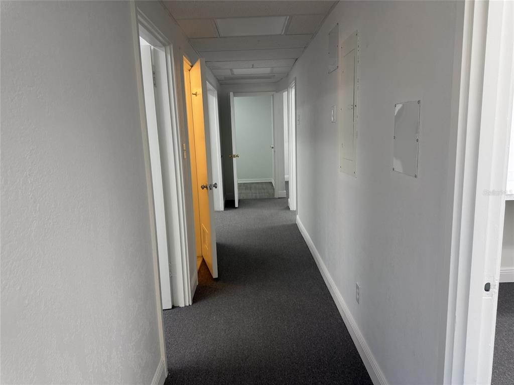 A hallway with gray carpet, white walls, and several doorways leading to other rooms — 501 S LINCOLN AVENUE UNIT 22, CLEARWATER, FL