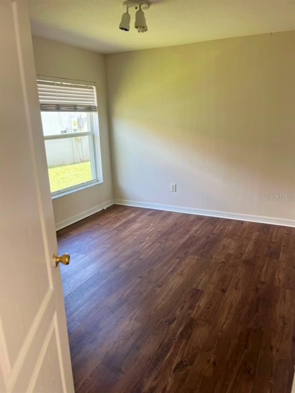 An empty room with wood-look flooring, a window with blinds, and a ceiling light fixture — 30918 STONE ARCH AVENUE, WESLEY CHAPEL, FL