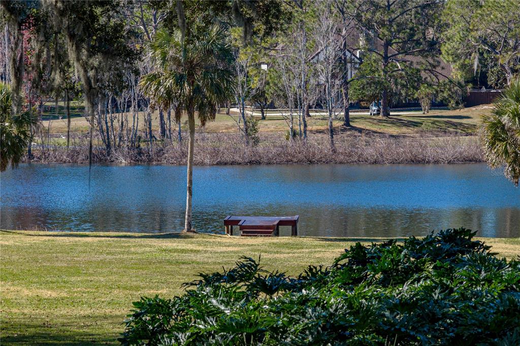 A grassy lawn leads to a small wooden dock on a calm lake with trees — 11045 FORT KING ROAD, DADE CITY, FL