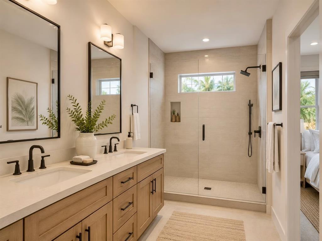 A modern bathroom features a double vanity with light wood cabinets and a glass-enclosed shower — 0 BLOSSOM AVENUE, TAMPA, FL