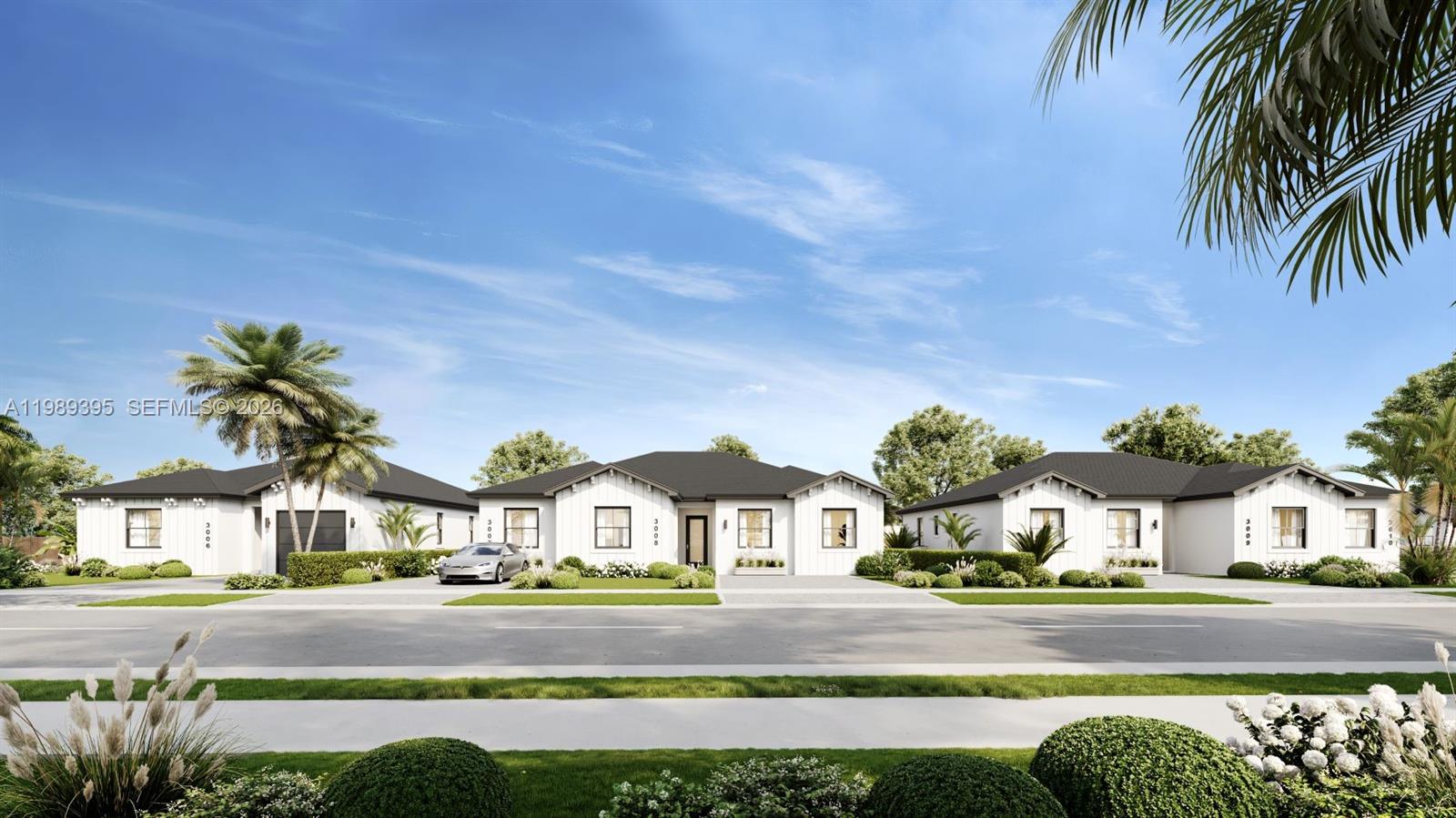 This is a digital rendering of three modern white single-story houses with dark roofs — 30463 SW 159 Ave, Homestead FL 33033, HOMESTEAD, FL