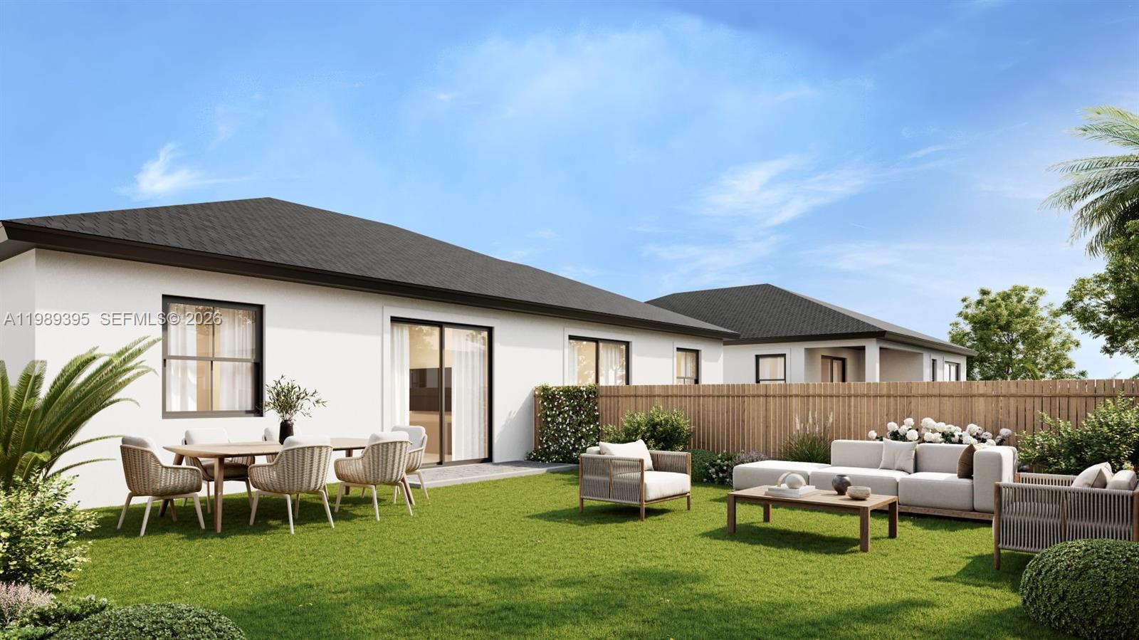 This is a rendering of a backyard patio with outdoor furniture and a wooden fence — 30463 SW 159 Ave, Homestead FL 33033, HOMESTEAD, FL