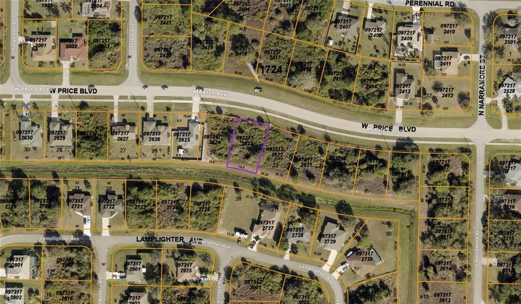This is an aerial map showing residential lots along W. Price Blvd and Lamplighter Ave — W PRICE BOULEVARD, NORTH PORT, FL