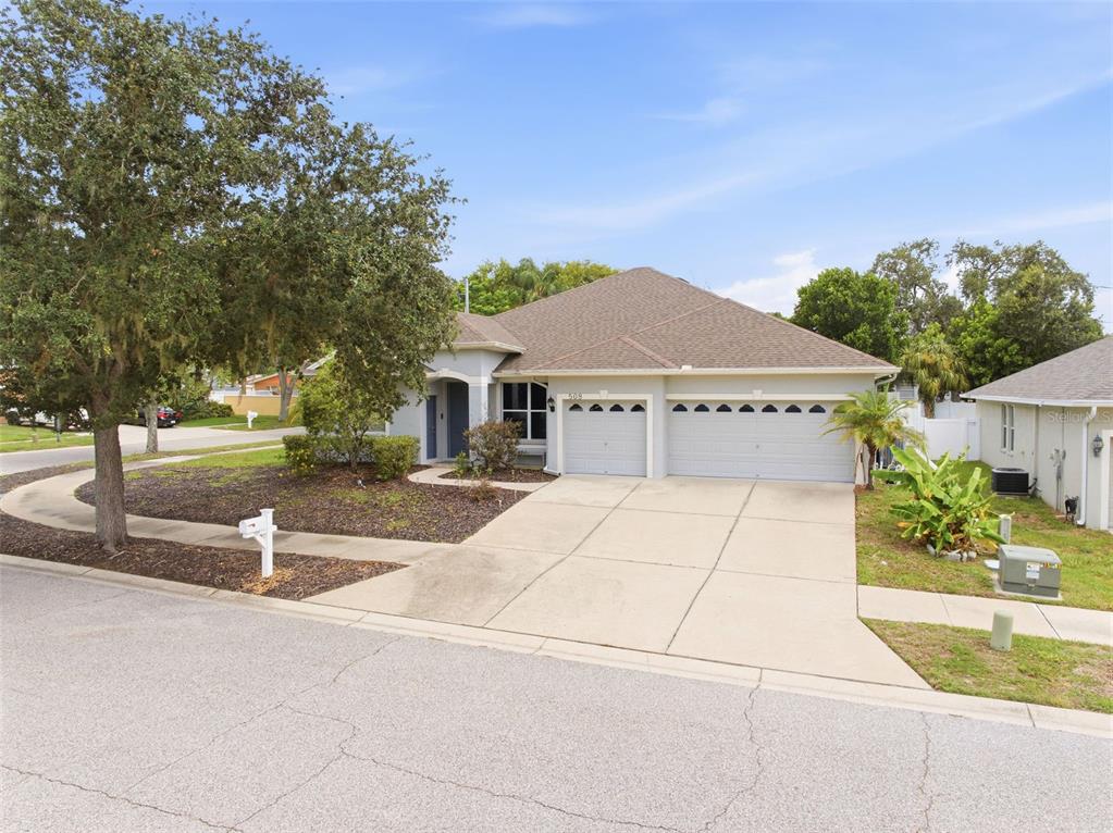 A single-story house with a two-car garage, a concrete driveway, and a large front tree — 508 DEBRA DRIVE, BRANDON, FL