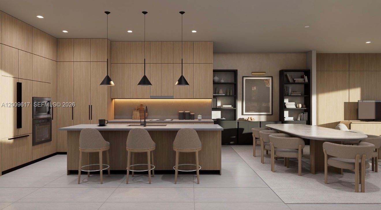 This rendering shows a modern kitchen with light wood cabinetry, a central island, and dining area — 1047 SW 13th Ave # B, Miami FL 33135, MIAMI, FL